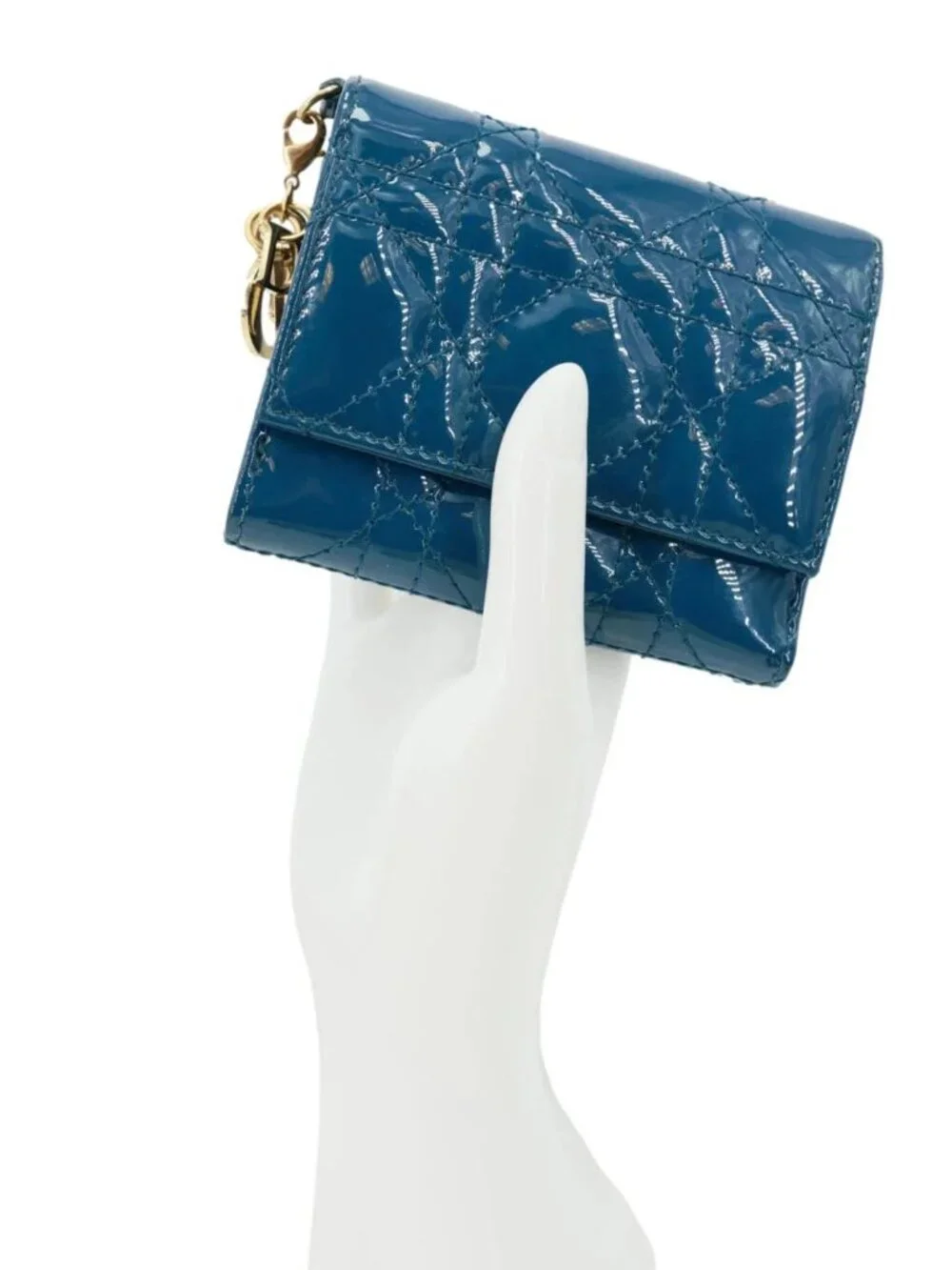 Christian Dior  Lady Dior Lotus Cannage Patent Leather Wallet Blue